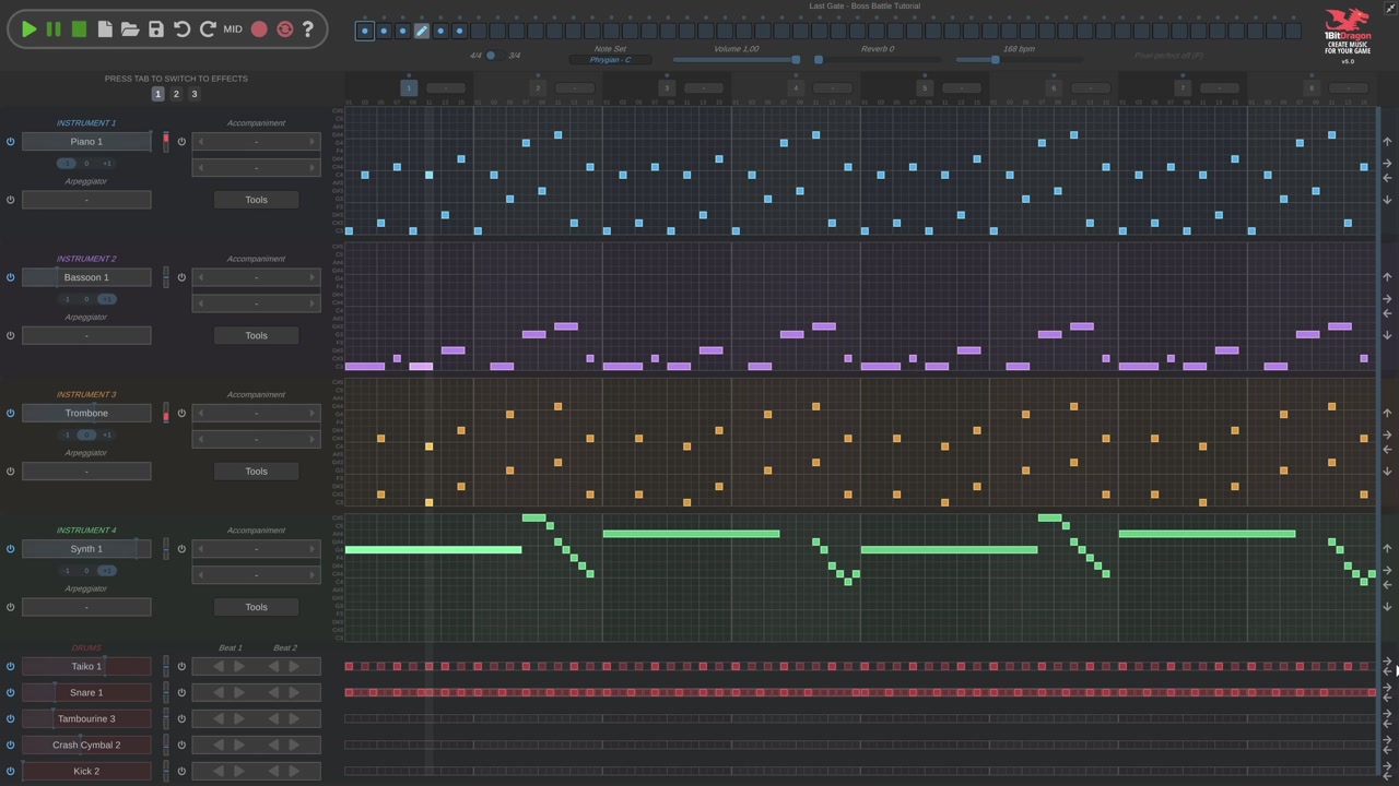 The complete boss battle arrangement in 1BITDRAGON with piano, synth, bassoon, trombone, and drums