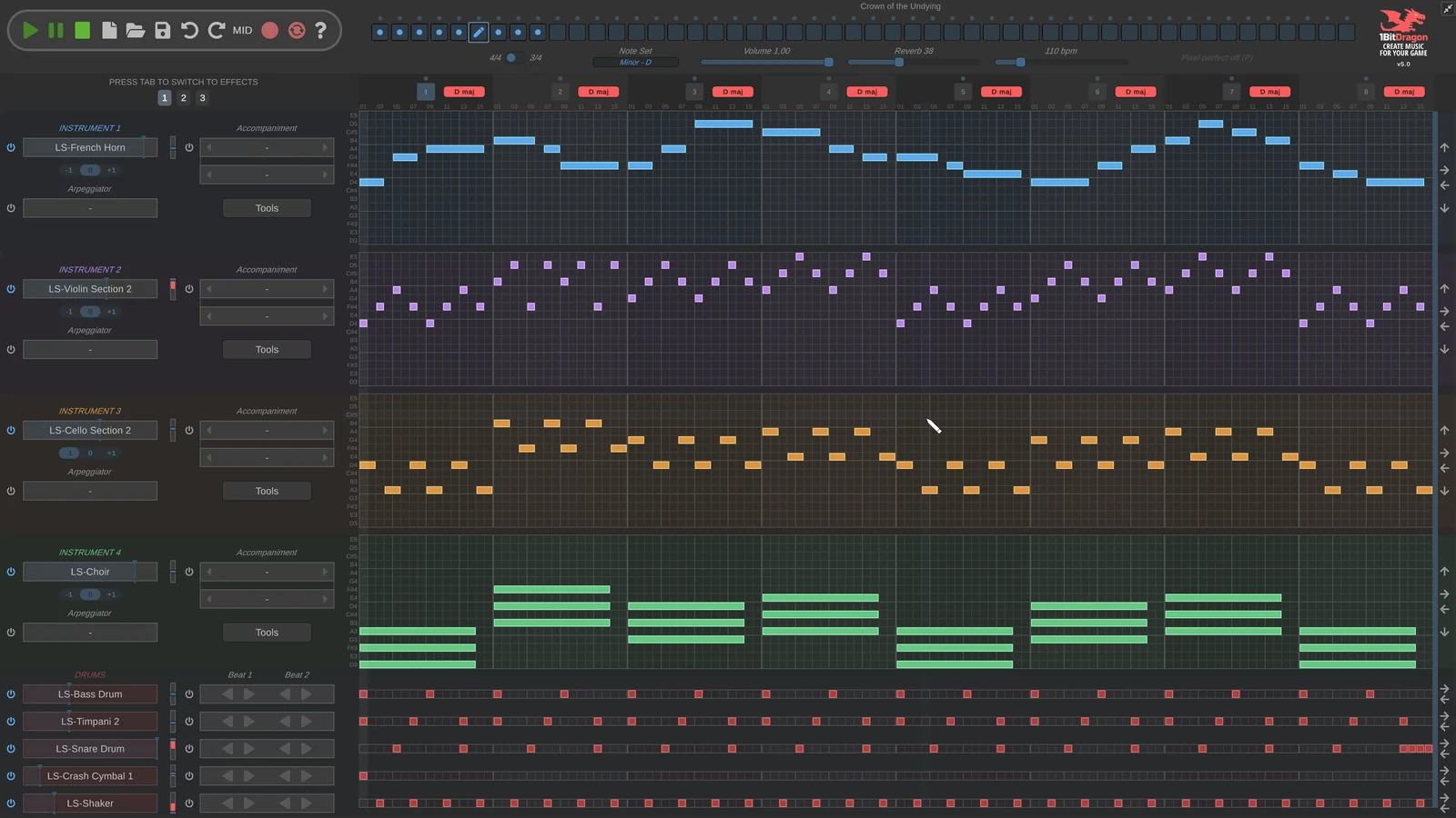 A real Lord Skeleton music project open in 1BITDRAGON, with melodies, chords and drums drawn on the grid