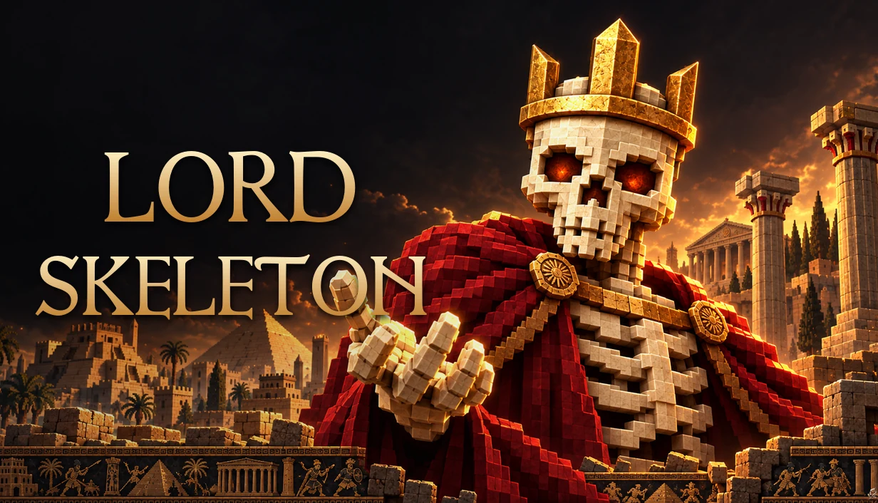 Lord Skeleton: a crowned voxel skeleton in a red cape, surrounded by ancient monuments