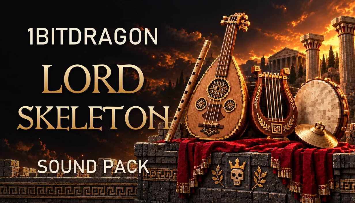 1BITDRAGON Lord Skeleton Sound Pack: voxel instruments against an ancient city at sunset